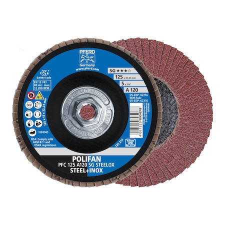 Pferd 5" x 5/8-11 Thd. POLIFAN Flap Disc - A SG STEELOX, Aluminum oxide, 120 Grit, Conical 62316